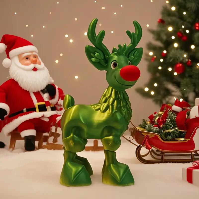 Festive Reindeer Sculpture 3D Printing Christmas Elk Ornament Green Sleigh Deer Statue for Home Desktop Decor Holiday Party Gift