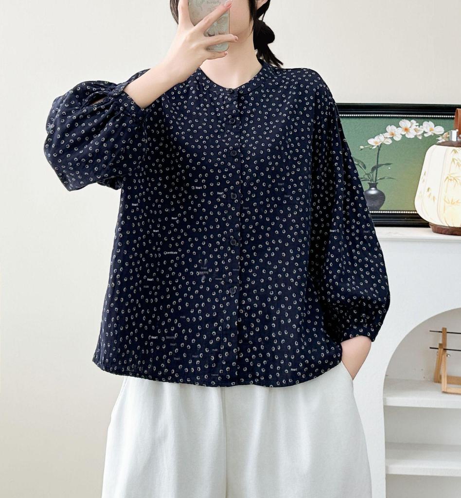 2026 Early Spring Women's Japanese Style Floral Cotton Gauze Lantern Sleeve Top