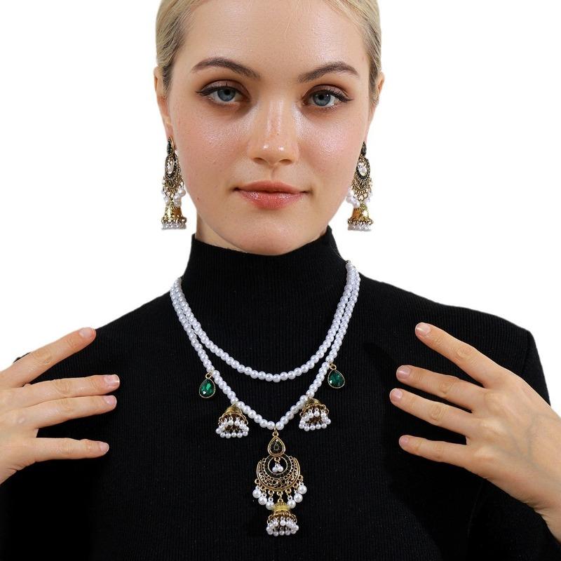 Double-layer Pearl Tassel Bell EarringsNecklace Set Courtly Style Jewelry