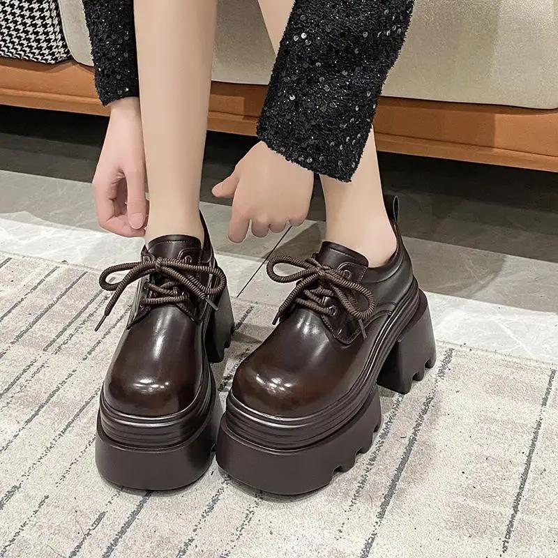 New 2025 Spring Women Platform Casual Shoes Loafers Lace-up Chunky Sneakers 10CM High Heels British Thick Bottoms Leather Shoes