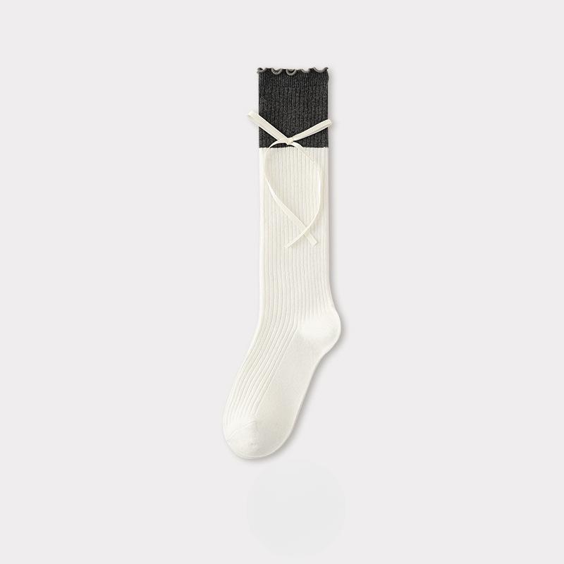Sweet Ribbon Bow Mid-calf Socks for Women, Color-blocked Black Ear-trimmed Pile Socks
