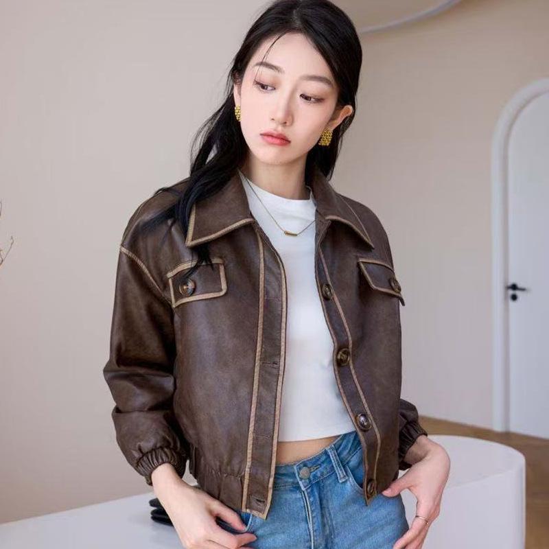 2025 Women's Retro Distressed Leather Jacket - Spring/Autumn Short Style with Motorcycle Lapel