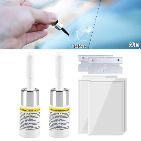 Windschutzscheiben-Reparaturset für Steinschläge und Risse Glasreparaturflüssigkeit mit Schabern und Folien DIY Windschutzscheiben-Rissreparaturset für Fahrzeugsicherheit