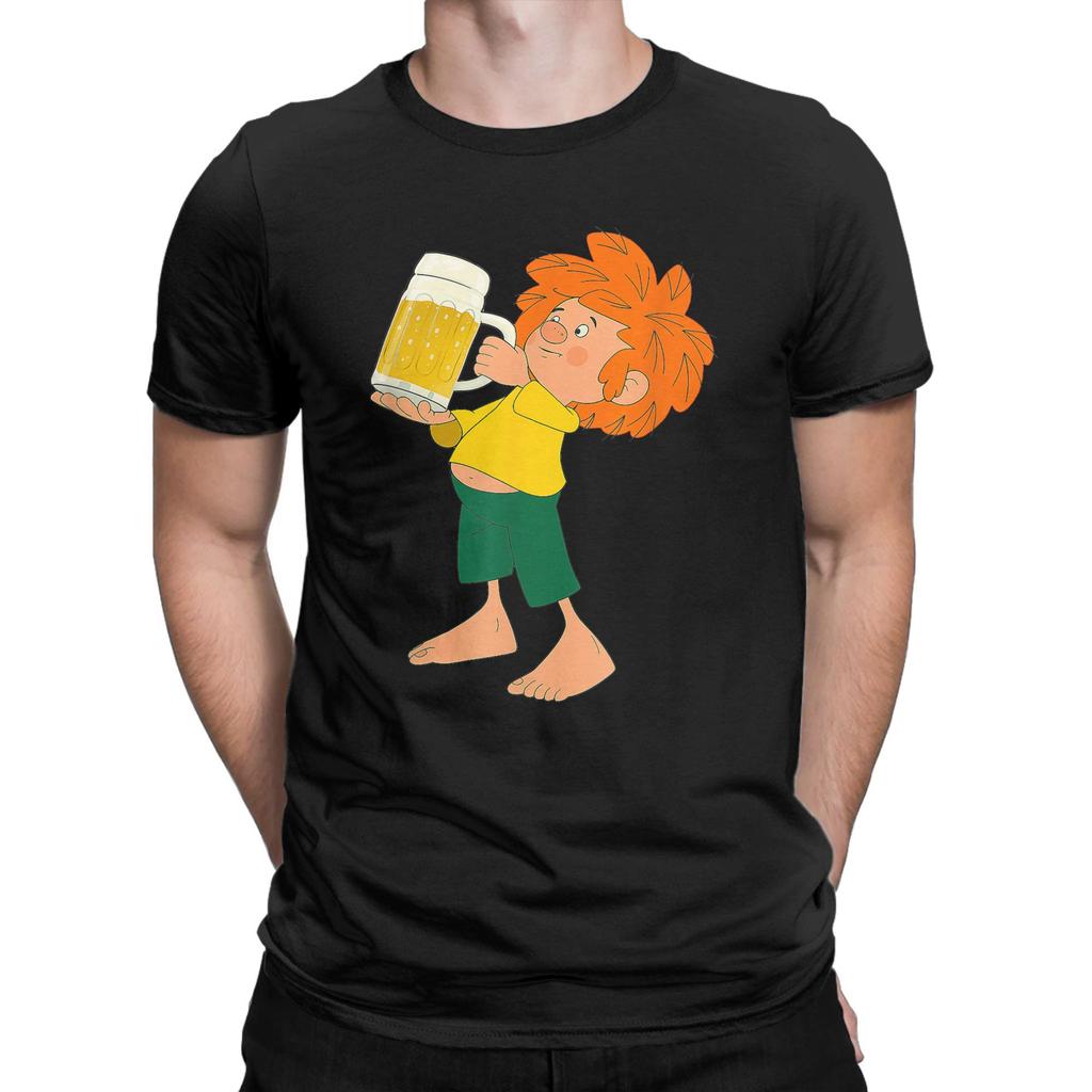 Men T-Shirt Pumuckl Drinks Beer Vintage Pure Cotton Tee Shirt Short Sleeve Anime Cartoon T Shirts Crew Neck Clothing Plus Size