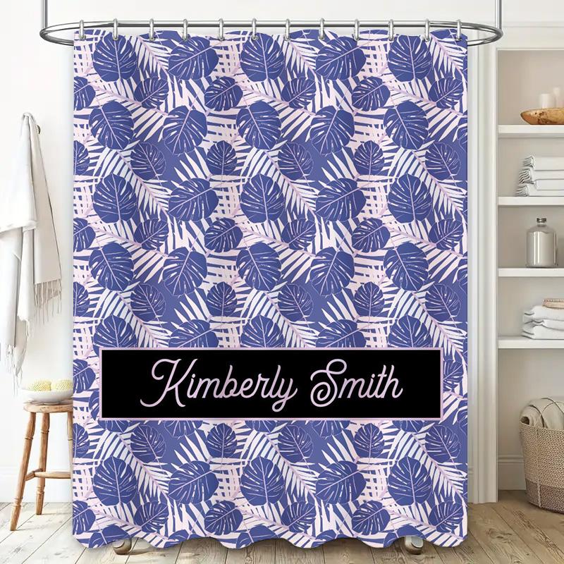 Beautiful Blue Tropical Leaf Shower Curtain with Personalized Name for Bath Decor Quick Ship