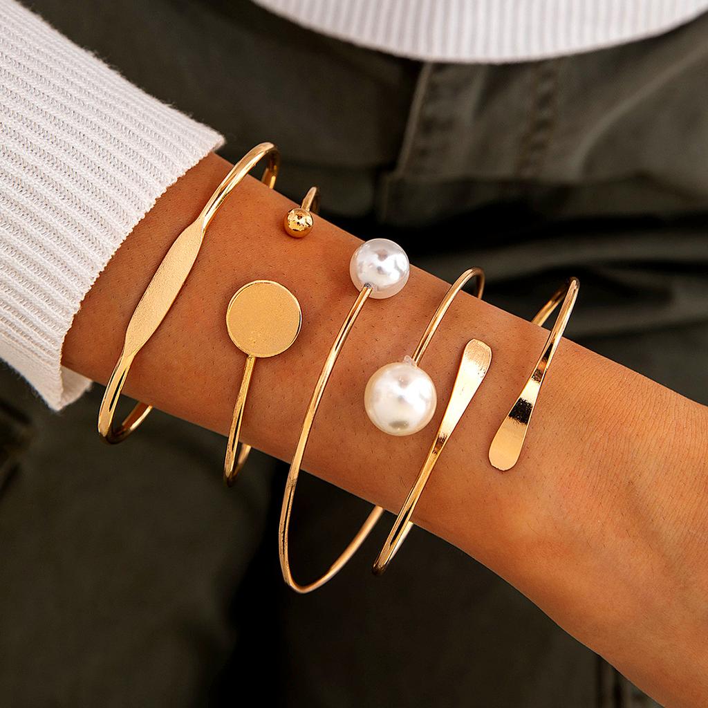 Accessories, stacked wind disc imitation pearl smooth opening bracelet, versatile bracelet set for women