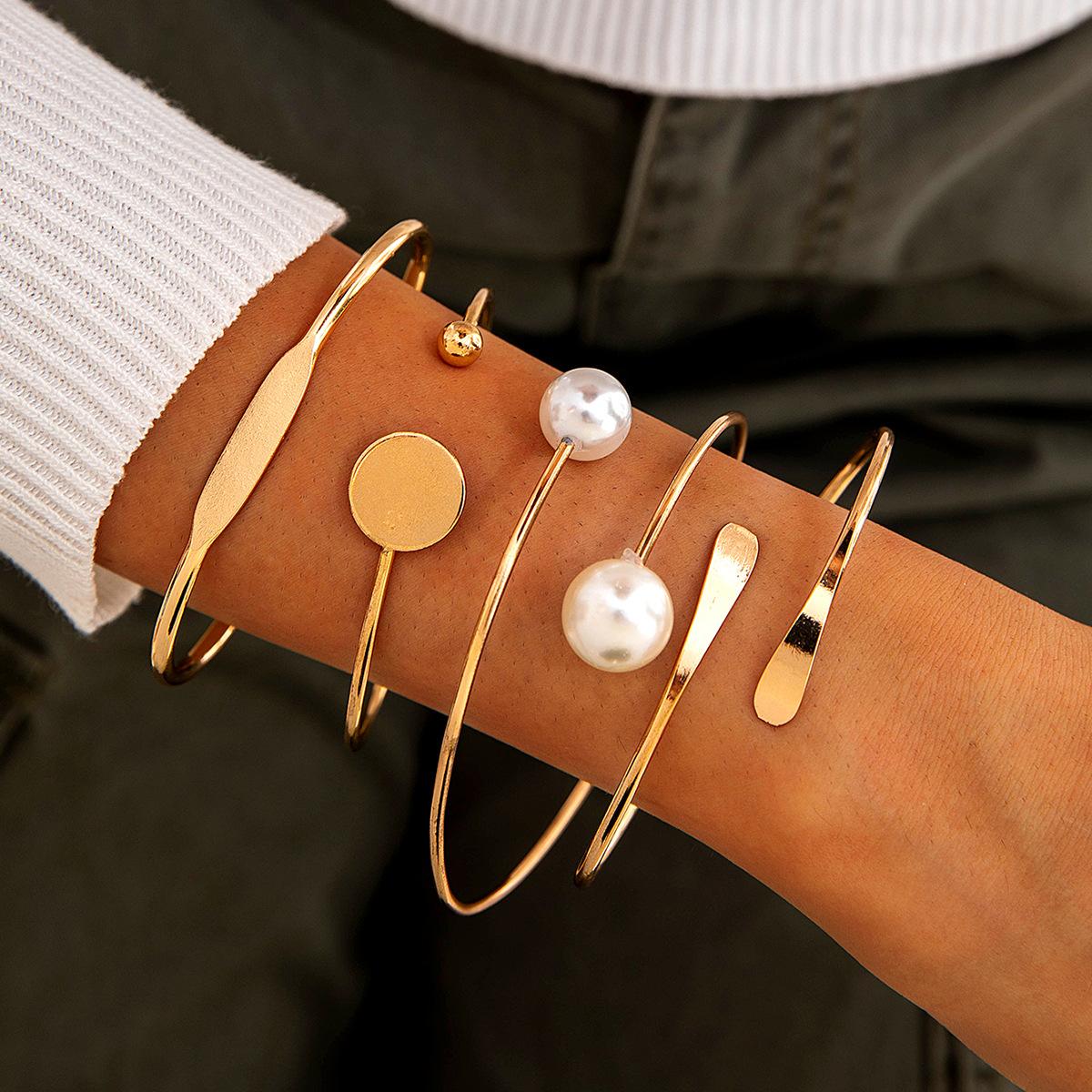 Accessories, stacked wind disc imitation pearl smooth opening bracelet, versatile bracelet set for women