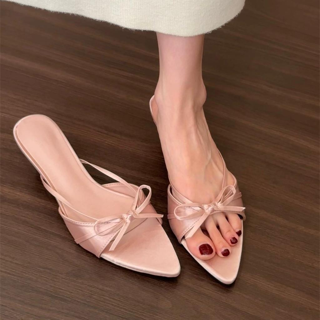 Purple Small High Heel Bow Cool Slippers Fairy Shoes Wear Summer French With Skirt Pointed Sandals