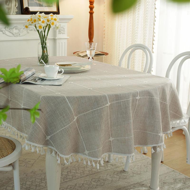 Cloth Dad Spot Imitation Cotton And Linen Solid Color Square Grid Rectangular Beige Fringed Tablecloth Oval Western Tablecloth