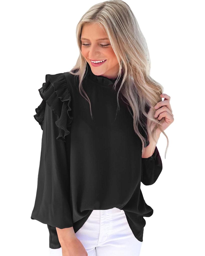 Azura Exchange Black Button Keyhole Back Pleated Ruffle Trim Blouse
