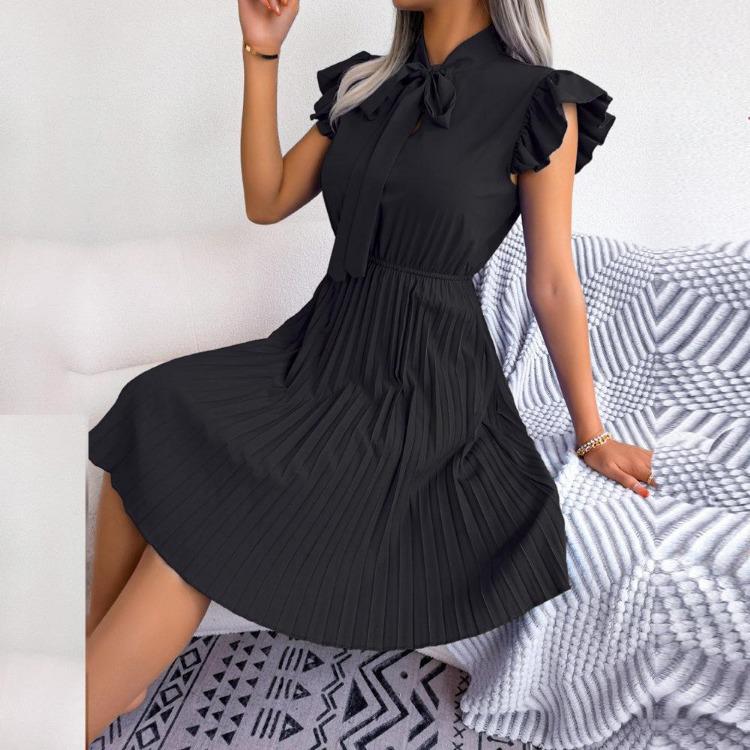 Women Elegant High Waist Pleated Dress with Lace Up Detail and Large Fold Bow Collar Solid Color Spring Summer Fashion