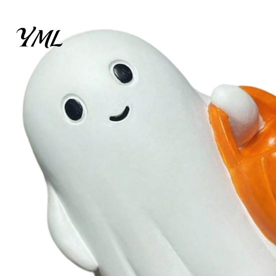Glowing Desk Ornament Halloween Holding Pumpkin Ghost Figurine, Spooky Statue with Holiday Night Light, Resin for Tabletop Centerpiece