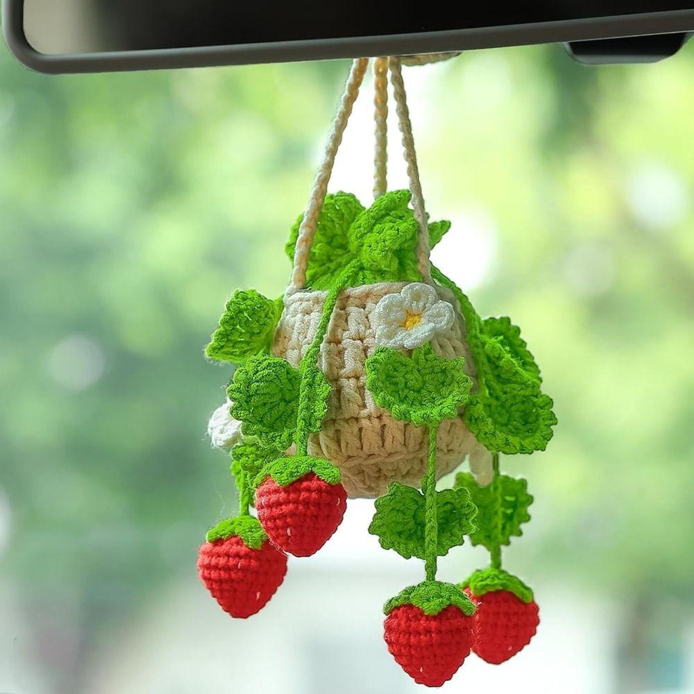 Cute Car Plant Crochet Hanging Basket Knitted Rear View Mirror Ornament Gifts