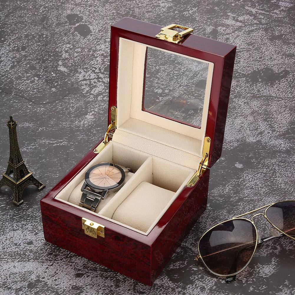 2 Grids Wooden Watch Holder Wristwatch Display Case Jewelry Gift Storage Box Organizer
