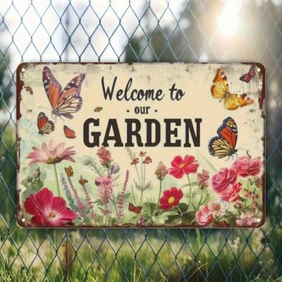 Retro Willkommen Garten Metallwandposter, Bunt Floral Schmetterling Vorgebohrt, Rustikales Bauernhaus Dekor
