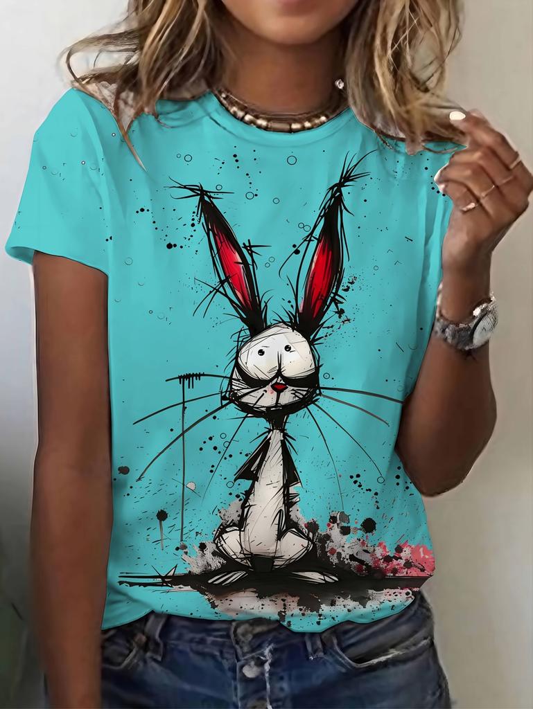 Summer Cartoon Cute Rabbit Printed Women's Short Sleeved T-Shirt Fashion Casual Oversize Tees Elegant Round Neck Woman Clothes