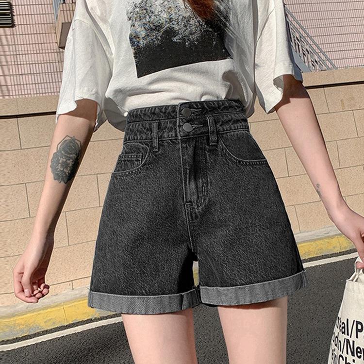 Klassische und minimalistische Mode Vielseitige schwarze Damen Sommer Ultrahoch geschnittene dünne A-Linien Weitbeinige Hose Lässige gekrempelte Denim-Shorts Individualität