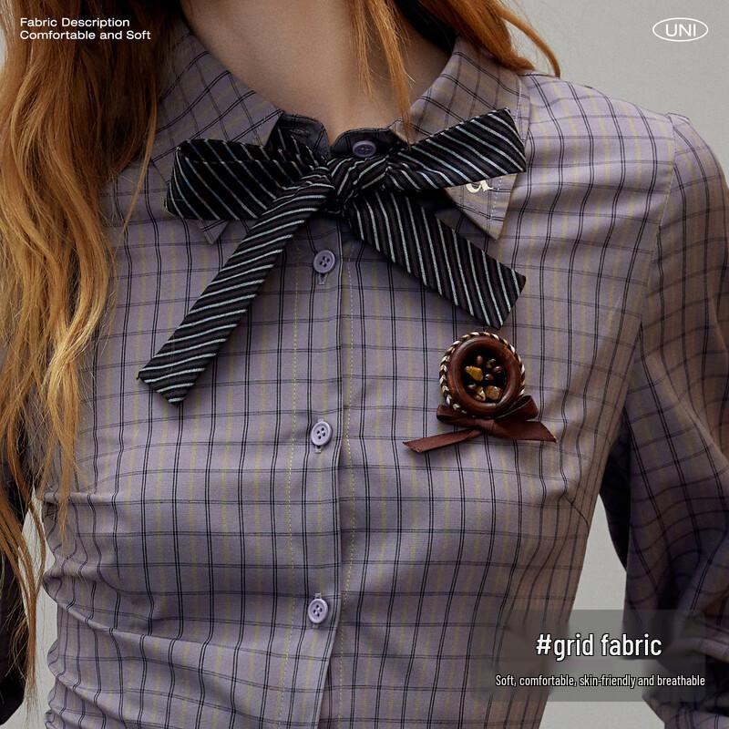 unifree 2026 Spring Preppy Plaid Shirt with Tie & Badge