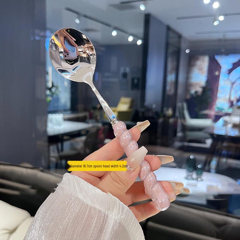Four-Color Pearl Stainless Steel Soup Spoon with Ceramic Handle - High Value, Stylish Western Dining Spoon for Girls