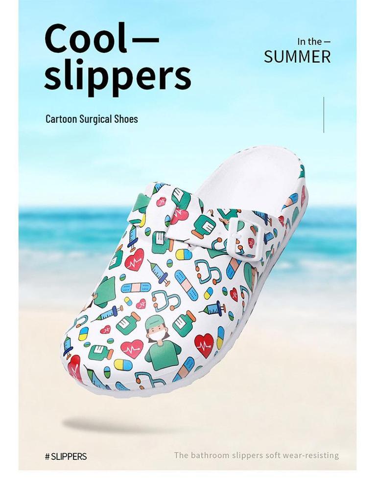 Women's Backless Cartoon Print EVA Slippers - Durable, Soft Sole Hospital Footwear