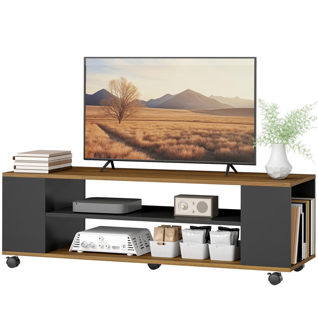 Suspended Or Floor Standing TV Cabinet With Wheels 4 Shelves For 55 Inch Television 120x40x38.5 Cm Walnut And Black