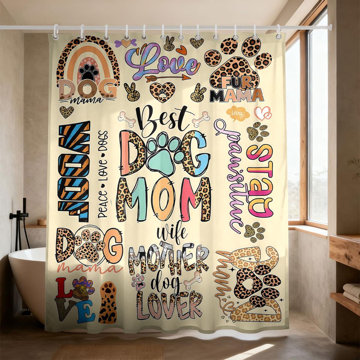 

Dog Mom Shower Curtain 90Gsm Waterproof Boston Terrier Pug Print Bathroom Decor With Hooks W60H190(CM)-1 Pcs