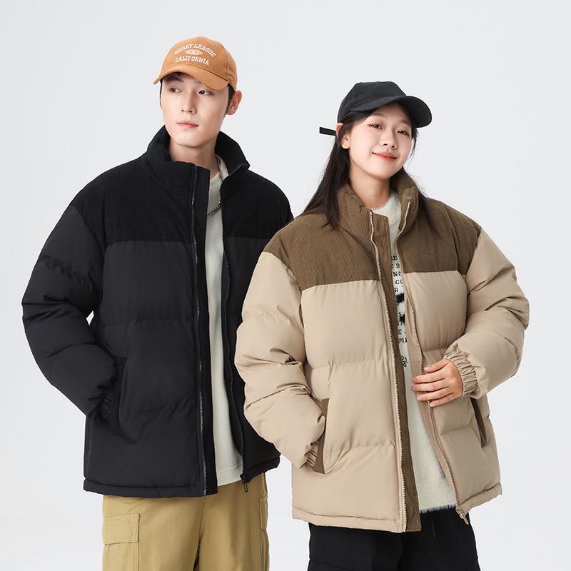 2025 couple cotton clothes American corduroy splicing stand-up collar loose warm cotton clothes casual trendy jacket