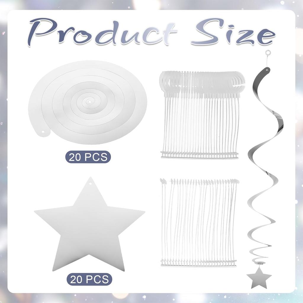 20 PCS Silver Hanging Stars for Ceiling, Silver Star Streamers Foil Swirls Party Decorations for Ceiling Graduation Wedding Baby Shower Party