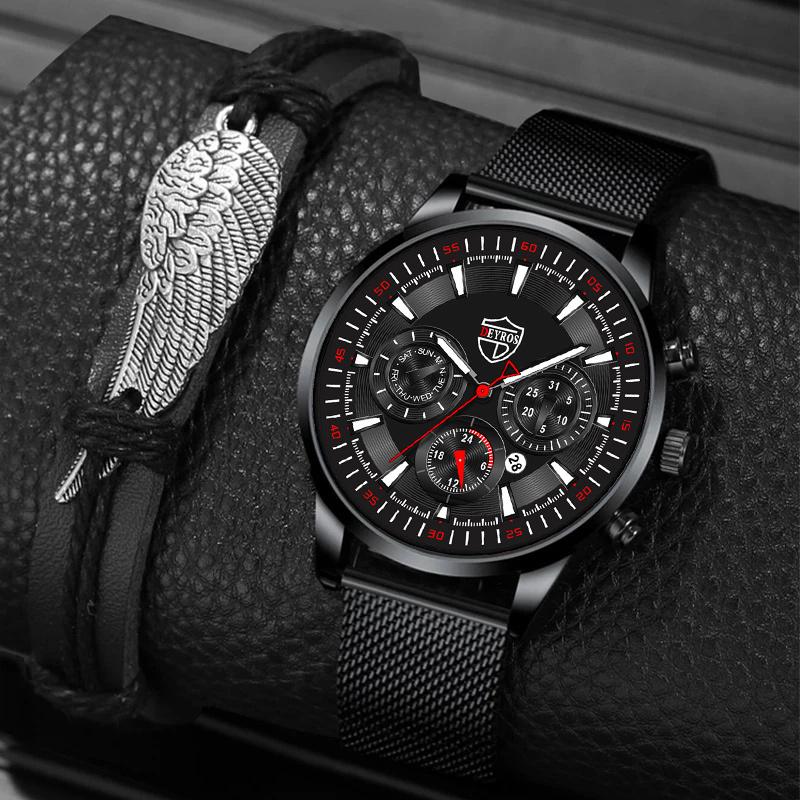 

Fashion Men s Calendar Watch Casual Mens Stainless Steel Mesh Band Wristwatch Man Quartz Watch Bracelet Set Date Clock