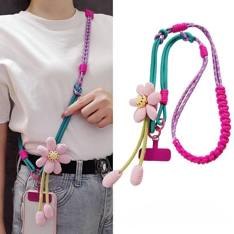 1Pcs Cute Flower Decor Adjustable Phone Lanyard Durable Braided Strap For Daily Outing Shopping Travel Anti Lost Accessory