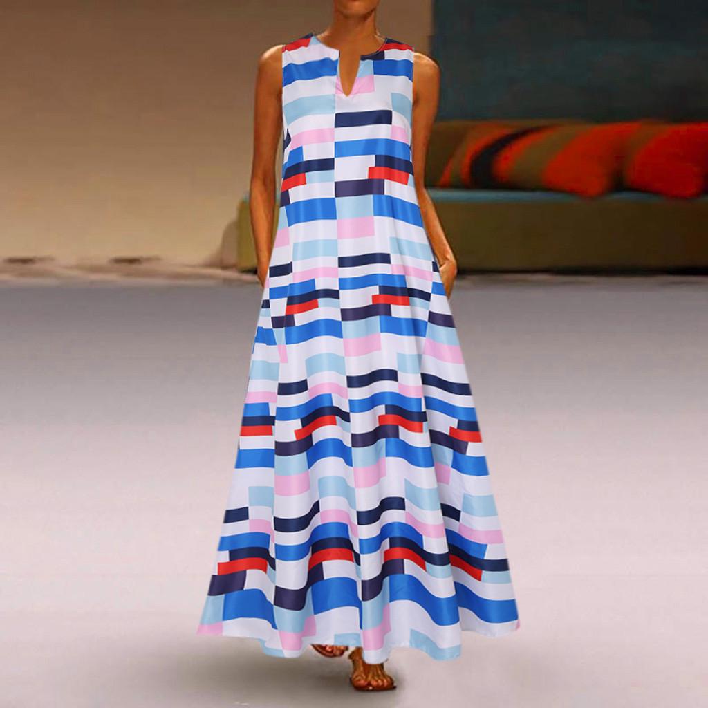 Women Plus Size Print Daily Casual Sleeveless Vintage Bohemian V Neck Maxi Dress