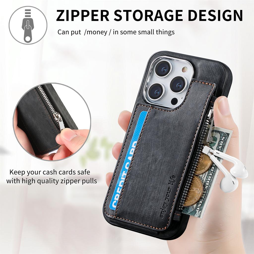 For iPhone 15 Pro Magnetic Case Card Holder Kickstand TPU+Leather Back Cover