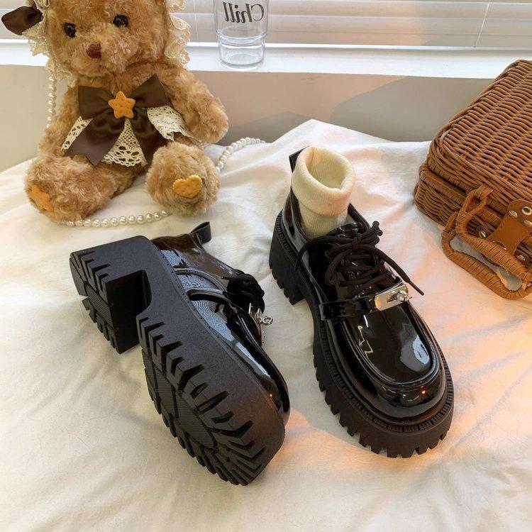 2025 Autumn Platform Small Leather Shoes Women's British Style New Thick Heel Heightening Black Loafers Lace-up Cotton Shoes