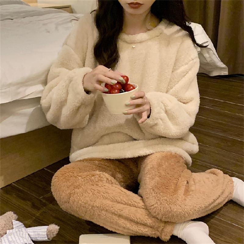 Winter Women Warm Fashion Pajama Sets Sweet   Elegant French Style Girlish Leisure Thicken Flannel Comfort Pajamas