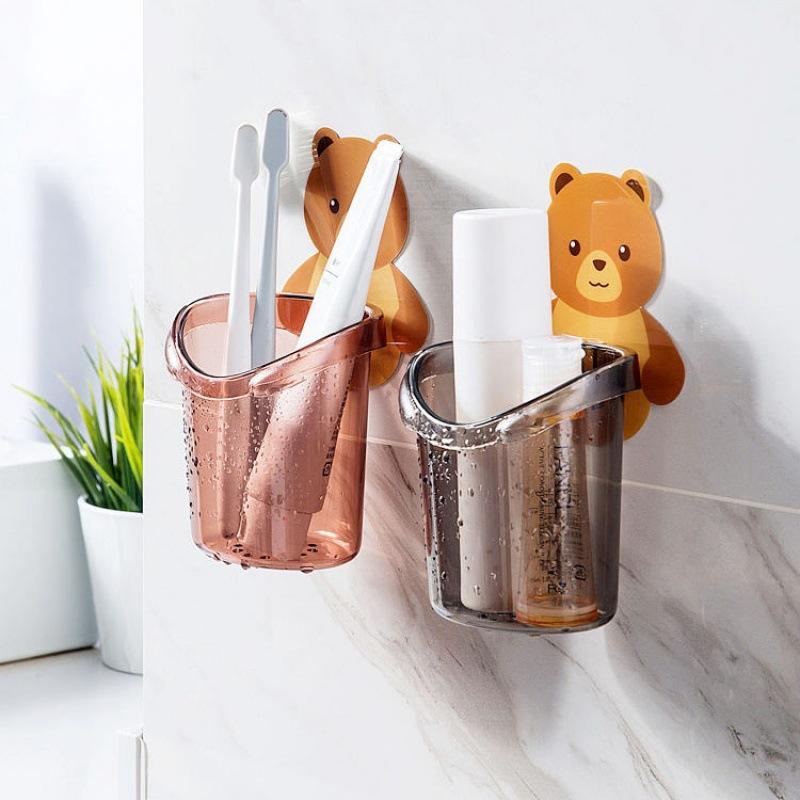 Household Bear Hug Toothbrush Cup Toothpaste Storage Rack Bathroom Non-Punching Wall-Mounted Drain Bear Storage Cup Organizer