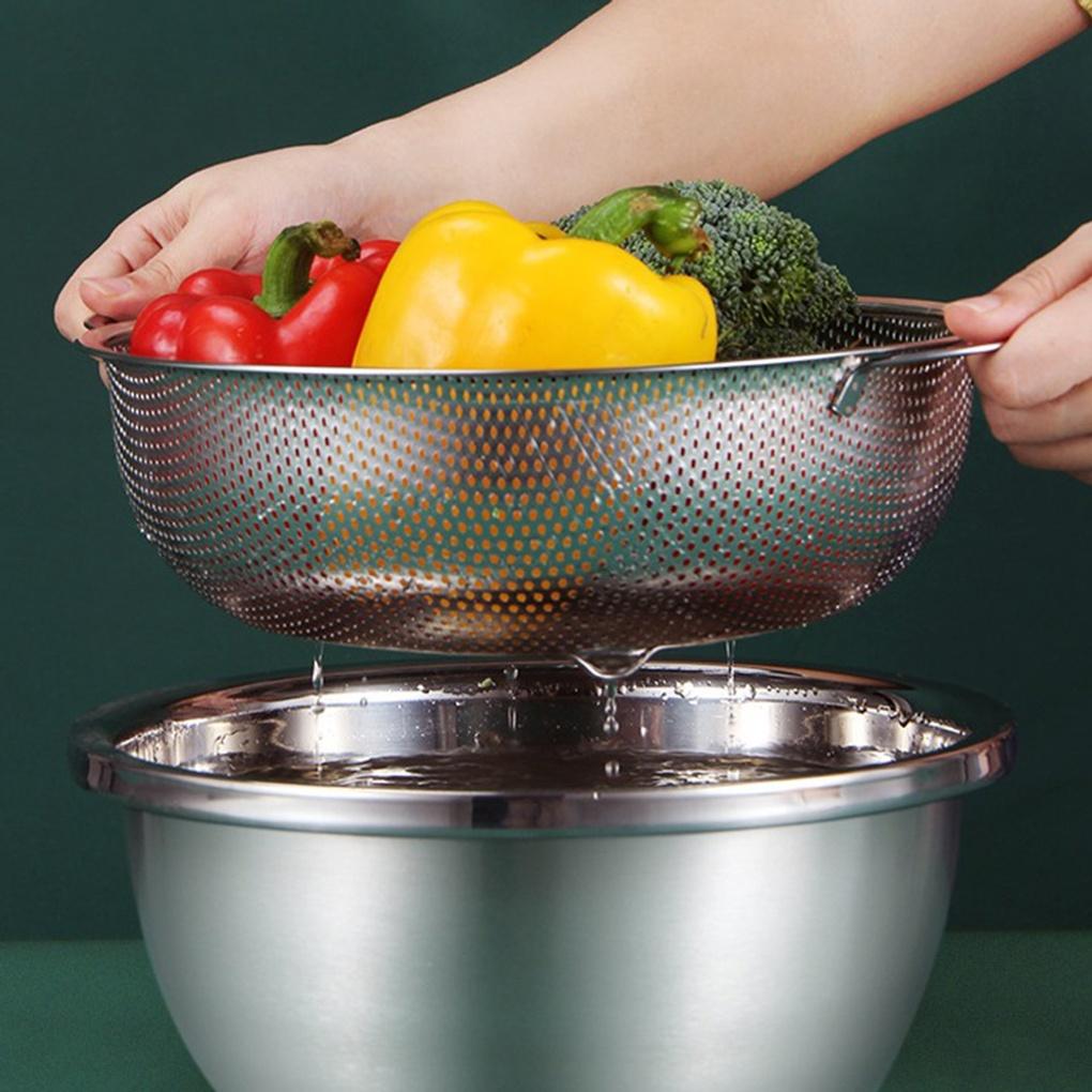 Kitchen Handle Stainless Steel Strainer 2-piece Set Fruit and Vegetable Washing Bowl
