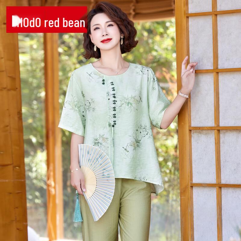 Hodo Mama 2025 Summer Imitation Cotton Linen Suit for Middle-aged Women 3XL