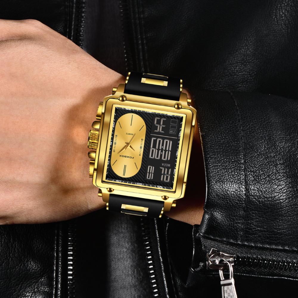 FOXBOX Top Brand Luxury Men Watch Fashion Square Watch Men Casual Sports Waterproof Double Display Watch Relogio Masculino