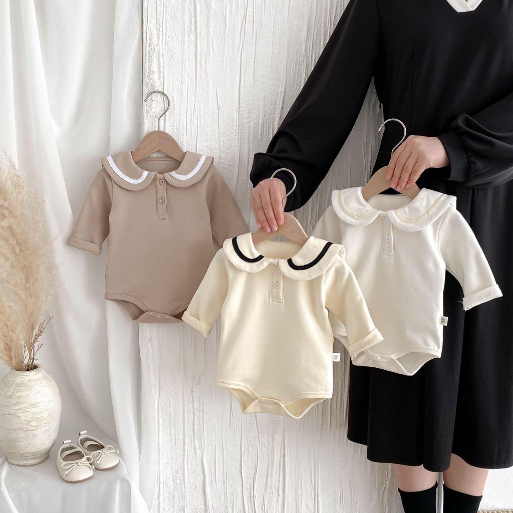 Korean Children's Spring/Autumn Lapel Romper - Cute Baby College Style Long-Sleeve Outfit.