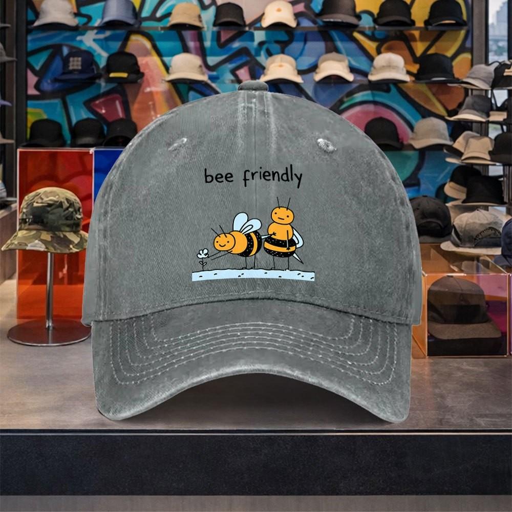 Bee Friendly Cartoon Baseball Cap Washed Cotton Adjustable Casual Vintage Sun Hat for Unisex Outdoor
