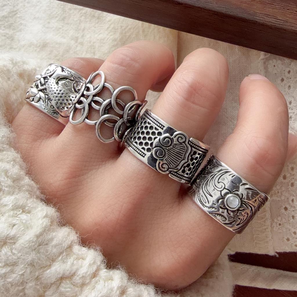 925 Silver Rings For Women Geometric Fine Jewelry Finger Adjustable Wide Hollow Stone Ring For Party Birthday Gift