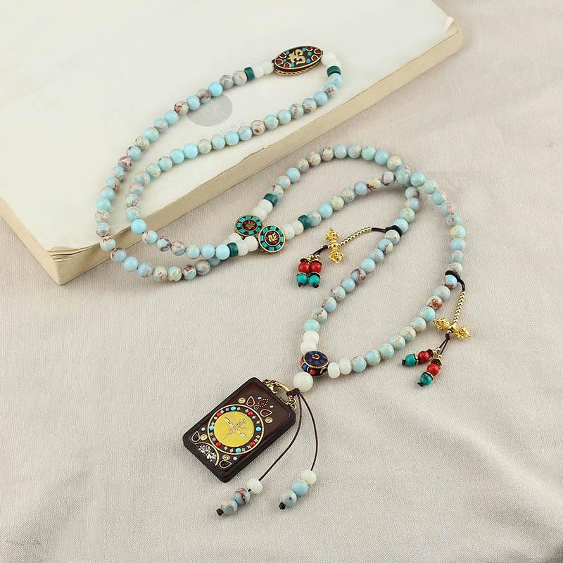 GEMCHIC Women s Tibetan Thangka Pendant Necklace Long Round Beads Chain Ethnic Style Vintage Fashion Accessory