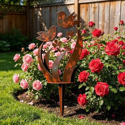 Yousheng 2 Pcs Bird And Wildflower Metal Garden Stake Vintage Rust Outdoor Plant Stake Decorative Yard Art for Patio Lawn Porch