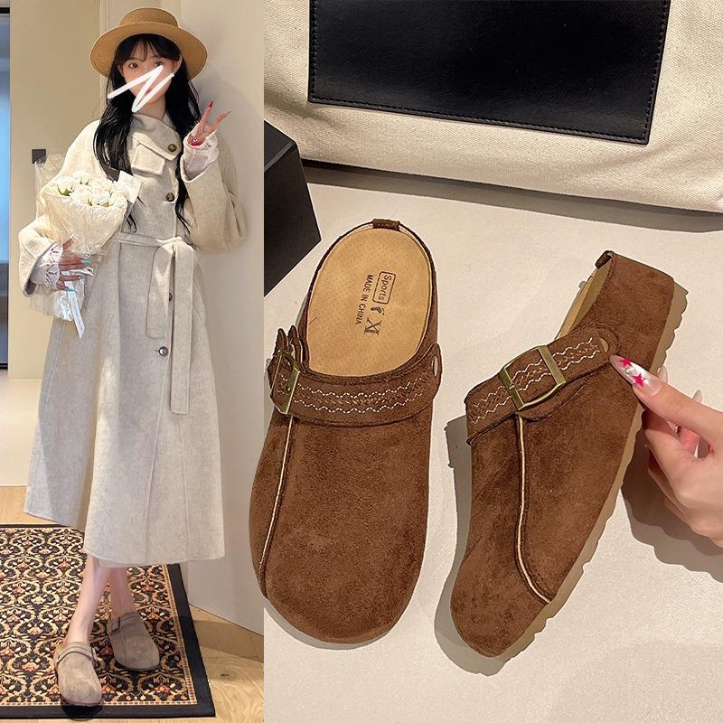 Thick-soled retro half-slippers women's autumn new lazy people wear bag-head slippers women