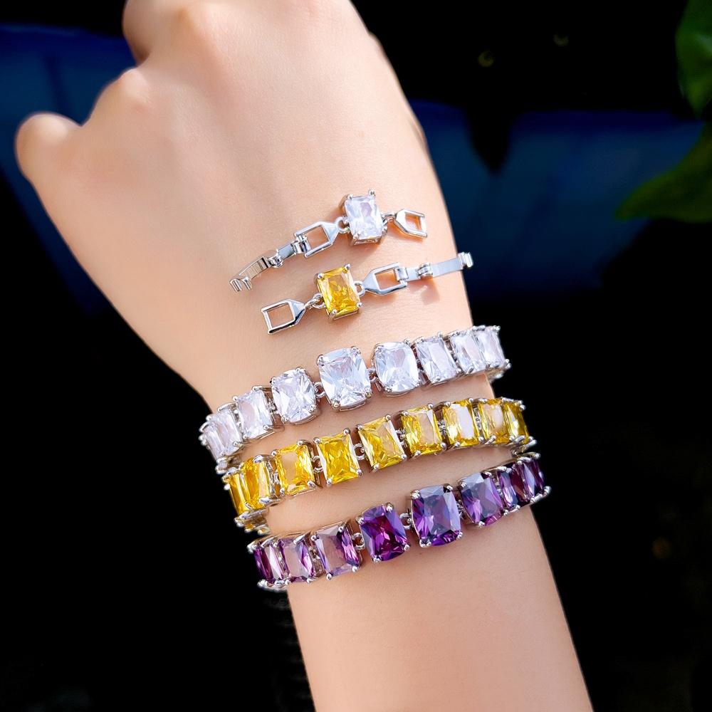 Pera Fashion Sparkling Square Zirconia Tennis Chain Link Bracelets Bangles for Women Bridal Wedding Jewelry Hand Accessory B144