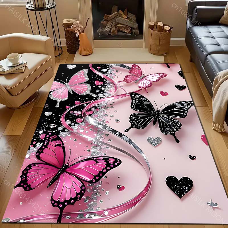 Diverse dimensioni Farfalle colorate e cuori Tappeto per Soggiorno Camera da letto Divano Decorazione per la casa Rus Tappetino Antiscivolo per Pavimento