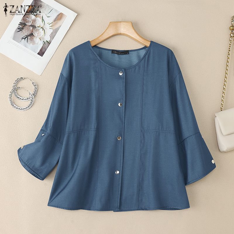 ZANZEA Women Casual Round Neck Loose 3/4 Sleeve Plain Blouse