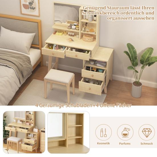 Dressing Table with Multi Drawers Big Mirror Wide Desktop Large Storage Space Smooth Surface Storing Wooden