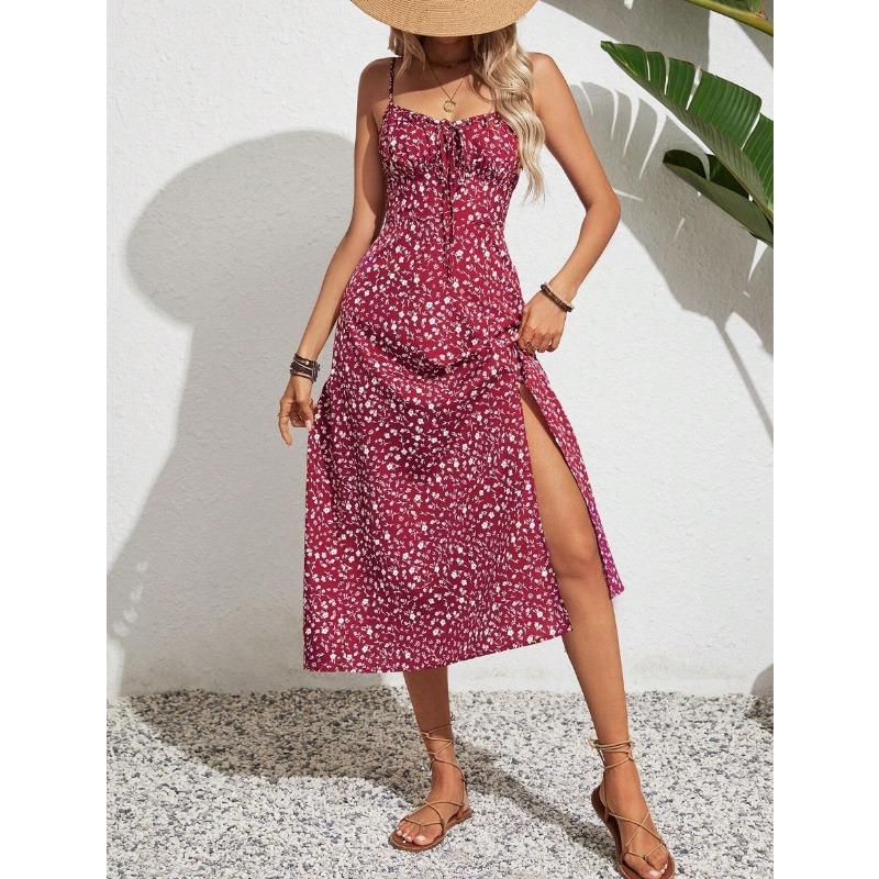 Women Floral Spaghetti Straps Waist Tie Split Dresses