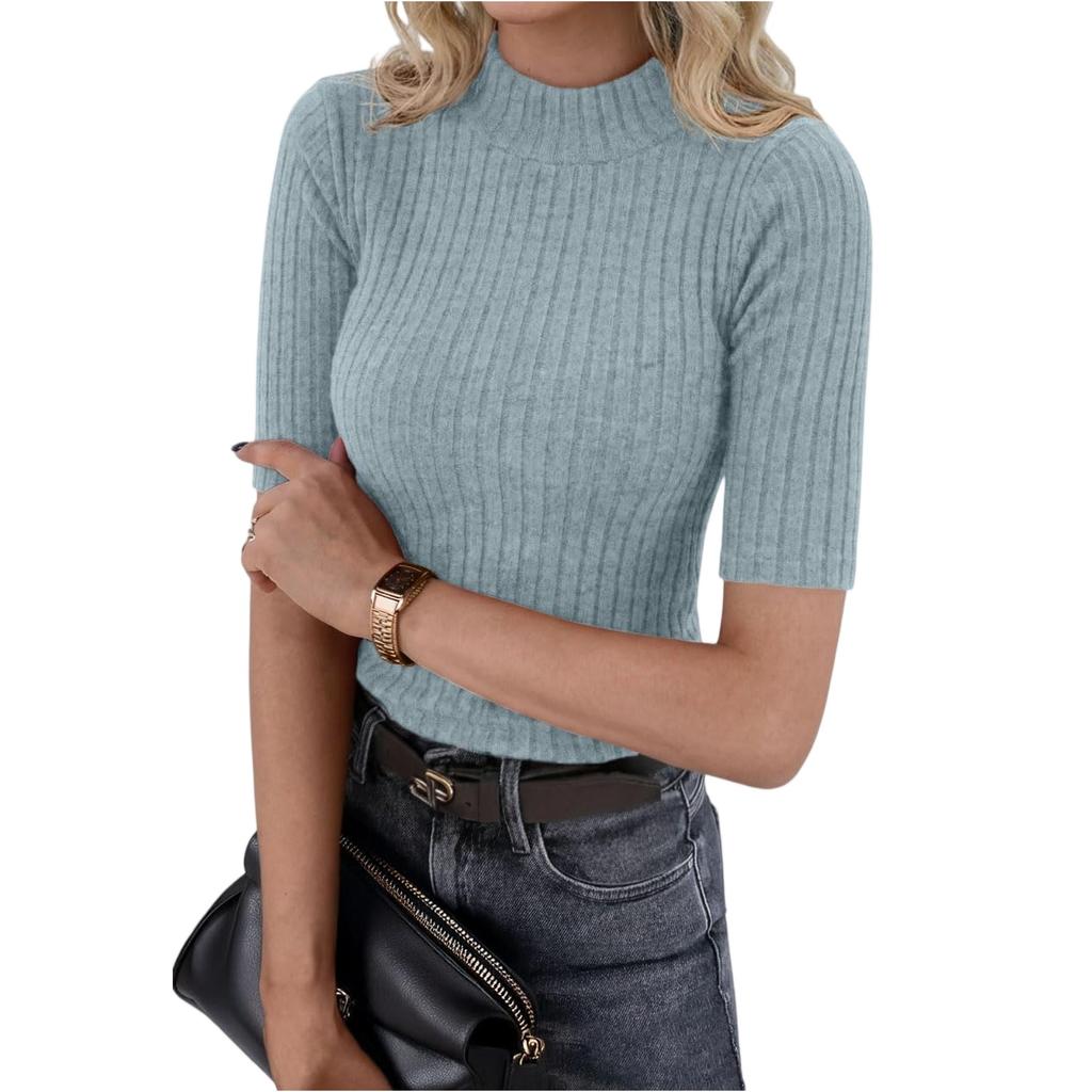 Women’s Ribbed Knit Mock Neck Short Sleeve Slim Fit Pullover Top for Casual or Office Wear Versatile Stretchy Sweater Tee
